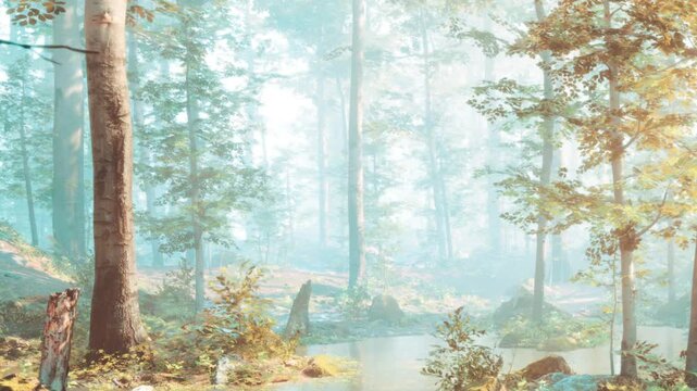 Tall trees surround a small pond in a forest setting. Sunlight filters through the leaves, creating a soft glow in the early morning. A peaceful atmosphere fills the area with quiet.