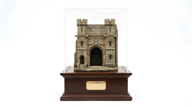 Miniature stone castle model inside a glass display case on a wooden base.