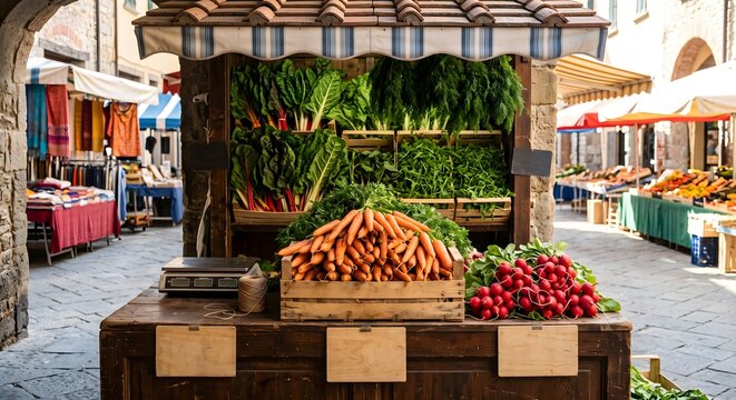 European Town Square Covered Outdoor Market Stall Packed with Vegetables