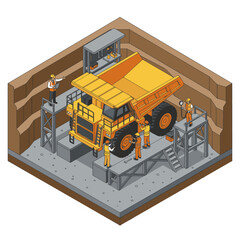 Isometric illustration of mining dump truck in industrial site. © Upoyo