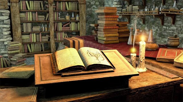Medieval study, 3D animation of an old room with books, manuscripts, candles, wooden furniture and scholarly objects inspired by the Middle Ages.