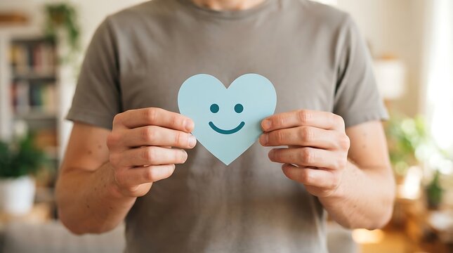 Man holding a blue paper heart with a happy smiley face in his hands