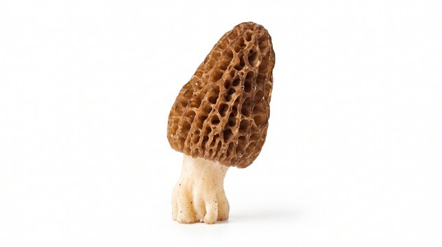 Morel mushroom for gourmet food campaigns, culinary education, restaurant branding, recipe design, ingredient packaging and specialty food advertising. Isolated on White background.