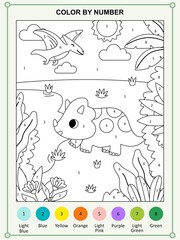 Color by number worksheet with cute triceratops and flying pterodactyl dinosaur © Nur