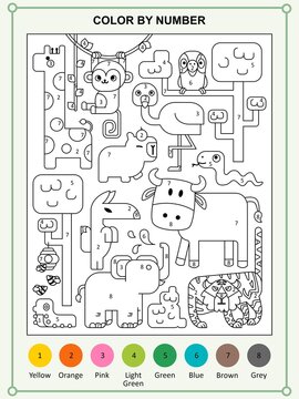 Color by number activity page with cute wild jungle animals for kids education