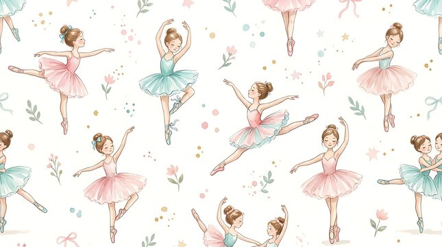 Seamless pattern with cute little ballerina girls in pink and green tutus dancing and jumping in artistic style