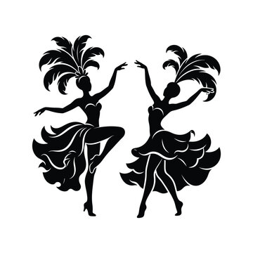 Silhouettes of two showgirls dancing in costumes with large feathers