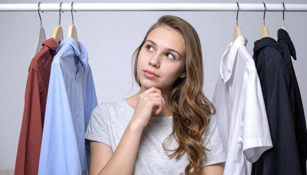 Thoughtful teenage girl looking at different outfits, decision making concept