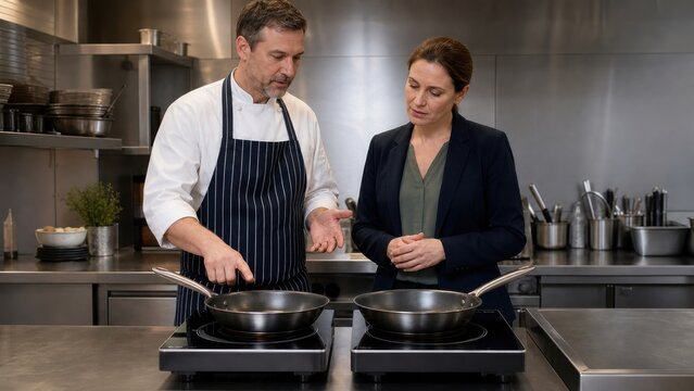 Restaurant chef demonstrates two induction hobs to a kitchen manager using identical pans and no visible flames