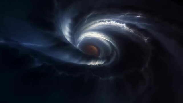 Dark blue cloud vortex curls around a glowing amber center as luminous white wisps sweep through a dramatic spiral, creating layered depth against a shadowy atmospheric background