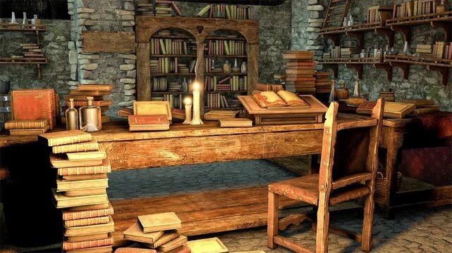 Medieval study, 3D animation of an old room with books, manuscripts, candles, wooden furniture and scholarly objects inspired by the Middle Ages.
