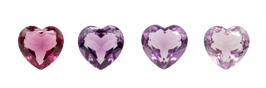 Four heart shaped gemstones in various shades of pink and purple arranged in a horizontal row isolated on a transparent background