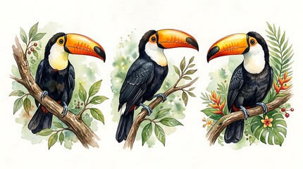 Naklejka premium Three colorful toucan birds sitting on tropical tree branches with green leaves and flowers in a watercolor style art