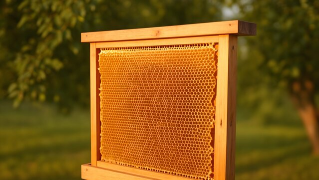 Wooden hive frame with capped honeycomb, apiary harvest detail