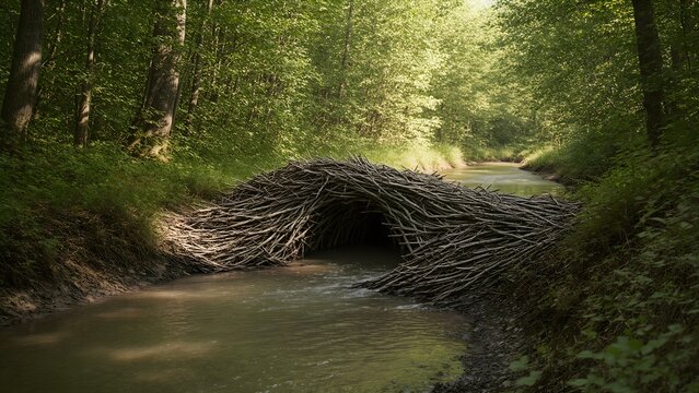 Beaver dam of woven branches across a stream, rewilding ecology