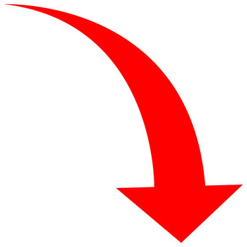 Red curved down arrow icon falling trend decrease symbol isolated on white background flat vector illustration
