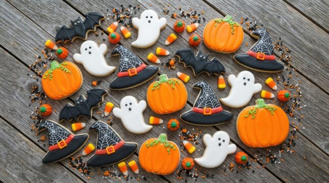 Halloween sugar cookies shaped like ghosts, pumpkins, bats and witch hats on wood.