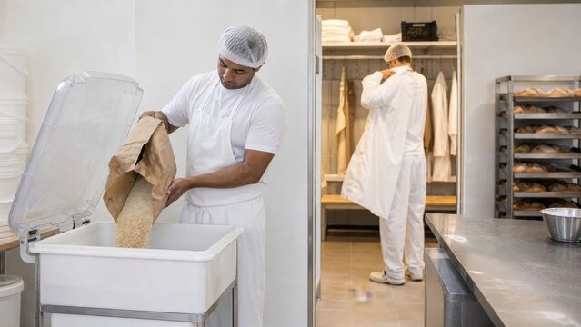 Bakery production team moves sesame ingredients into a dedicated covered bin and changes aprons before starting a separate bread line