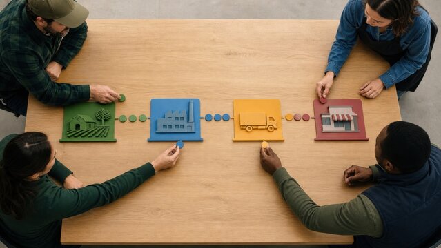 Producer, processor, distributor and retailer connect solid-color lot tokens across a physical supply-chain model