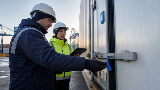 Food inspector and logistics worker check an intact solid-color security seal, door gasket and color-only temperature tag on a refrigerated container