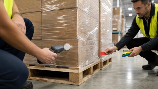 Warehouse worker scans a blank RFID token sealed under clear wrap while a colleague matches solid-color pallet tabs