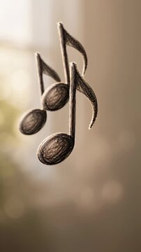 Hand-drawn musical note remains centered as additional black notes gradually appear beside it over softly blurred warm beige background with gentle window light and shallow visual depth