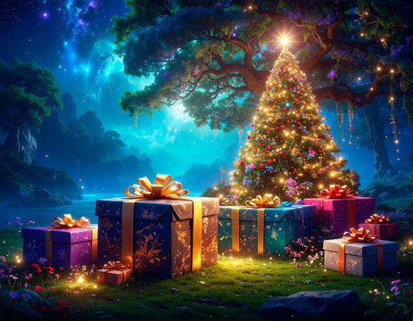 cajas de regalos de navidad junto al &aacute;rbol de navidad iluminado en el exterior con cielo m&aacute;gico