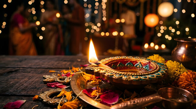Beautiful diwali diya oil lamp glowing on a decorative plate during the traditional indian festival celebration with festive background lights