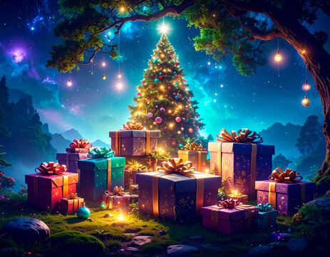 &aacute;rbol de navidad en el exterior con regalos de navidad y cielo estrellado