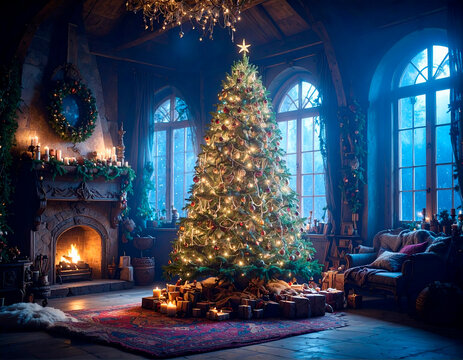 Sal&oacute;n de cuento con ambiente navide&ntilde;o con &aacute;rbol de navidad iluminado