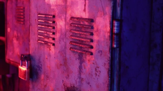 A metal box sits against a wall in a dim lit room filled with colorful lights. Wires dangle from above, creating a sense of mystery and intrigue about the space.