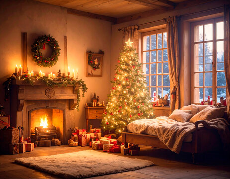 sal&oacute;n de hogar con adornos y regalos de navidad junto al &aacute;rbol de navidad
