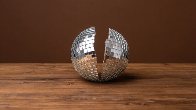 A broken disco ball split into two halves sits on a wooden surface against a plain brown background.