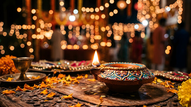 Beautiful glowing diya oil lamp on a decorated table during the traditional indian diwali festival celebration with festive lights background