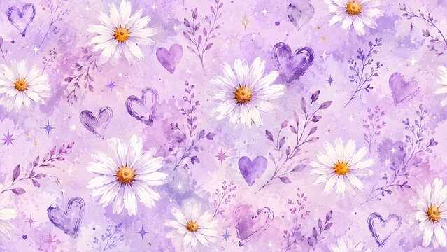 Seamless pattern with white daisies, purple watercolor hearts, and delicate floral branches on a soft lavender background