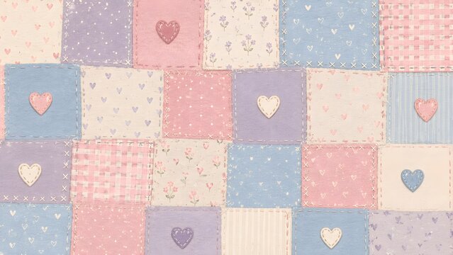 Pastel patchwork pattern with lovely heart shapes and cute fabric textures for nursery design