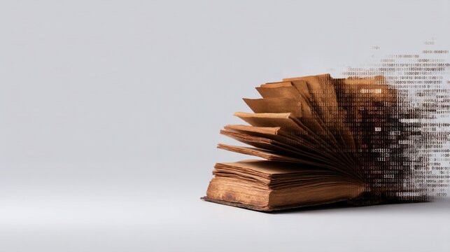 An old book's pages dissolve into digital binary code, symbolizing the transition from traditional print to digital information.