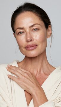 Confident mature woman with natural skin in cream wrap top