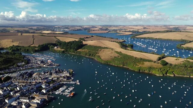 Cinematic drone video Kingsbridge Estuary and coastal town Salcombe in South Devon, England, in summer