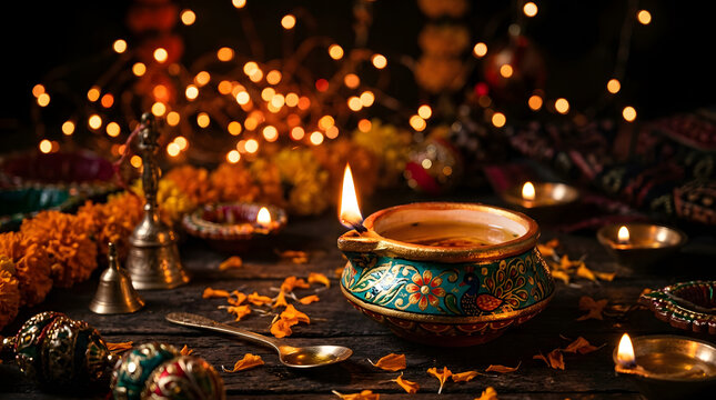 Beautiful diwali diya oil lamp decoration for indian festival celebration with glowing festival lights and traditional indian festive background elements
