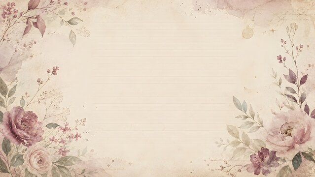 Vintage floral stationery background with watercolor roses and delicate foliage on aged paper texture for elegant invitations or greeting cards