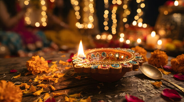 Beautiful diwali diya oil lamp glowing during the indian festival celebration with traditional lights and festive background for hindu festival