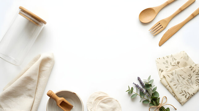 Eco friendly kitchenware and sustainable dining accessories on white background