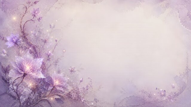 Beautiful ethereal purple floral background with delicate glowing flowers and soft watercolor texture, perfect for invitations or greeting cards