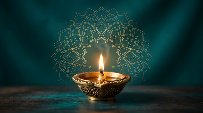 Beautiful diwali diya oil lamp glowing in the dark for an indian festival celebration with a traditional festive background design