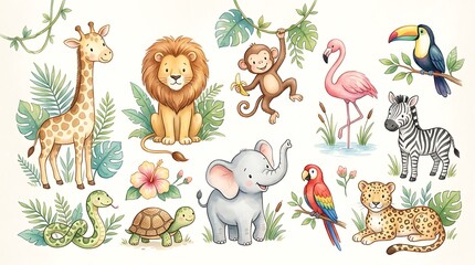 Naklejka premium Cute cartoon jungle animals set with giraffe lion monkey elephant and tropical birds for kids nursery room design