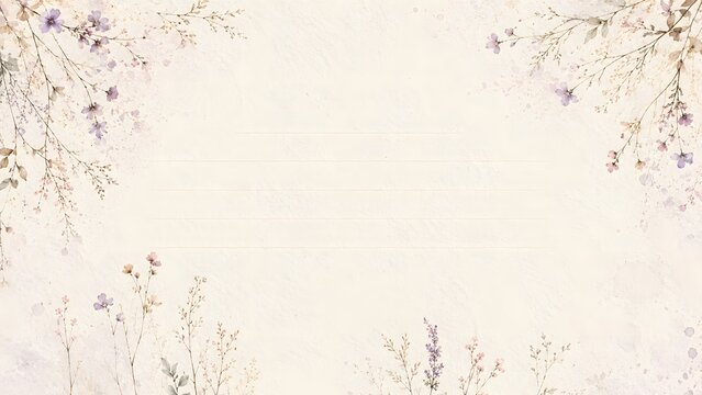 Elegant floral border frame with delicate watercolor wildflowers and dried plants on a textured beige paper background for wedding invitations