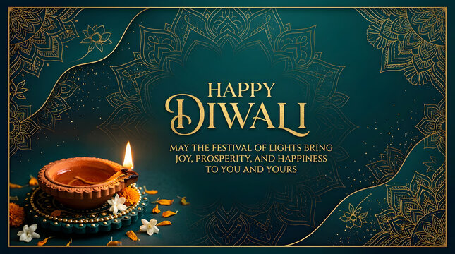 Beautiful happy diwali festival greeting card featuring a glowing diya oil lamp against a traditional indian festive background with lights