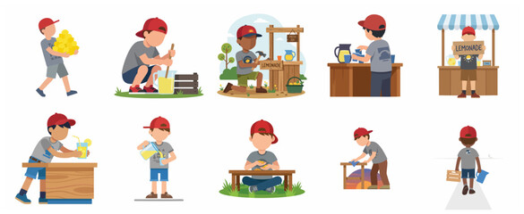 Fototapeta premium Collection of Illustrations Showing a Young Boy Starting and Running a Successful Lemonade Stand Business