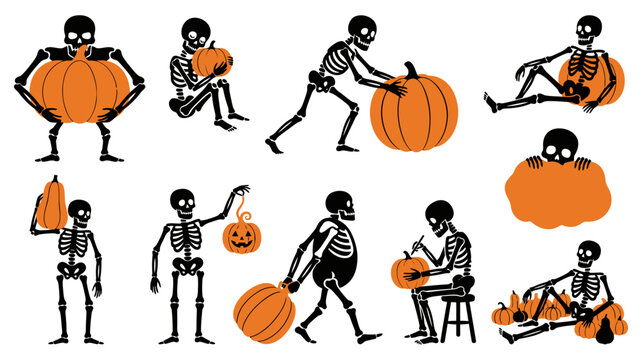 A collection of spooky halloween skeleton vector illustrations featuring various skeletons interacting with pumpkins for festive holiday design projects